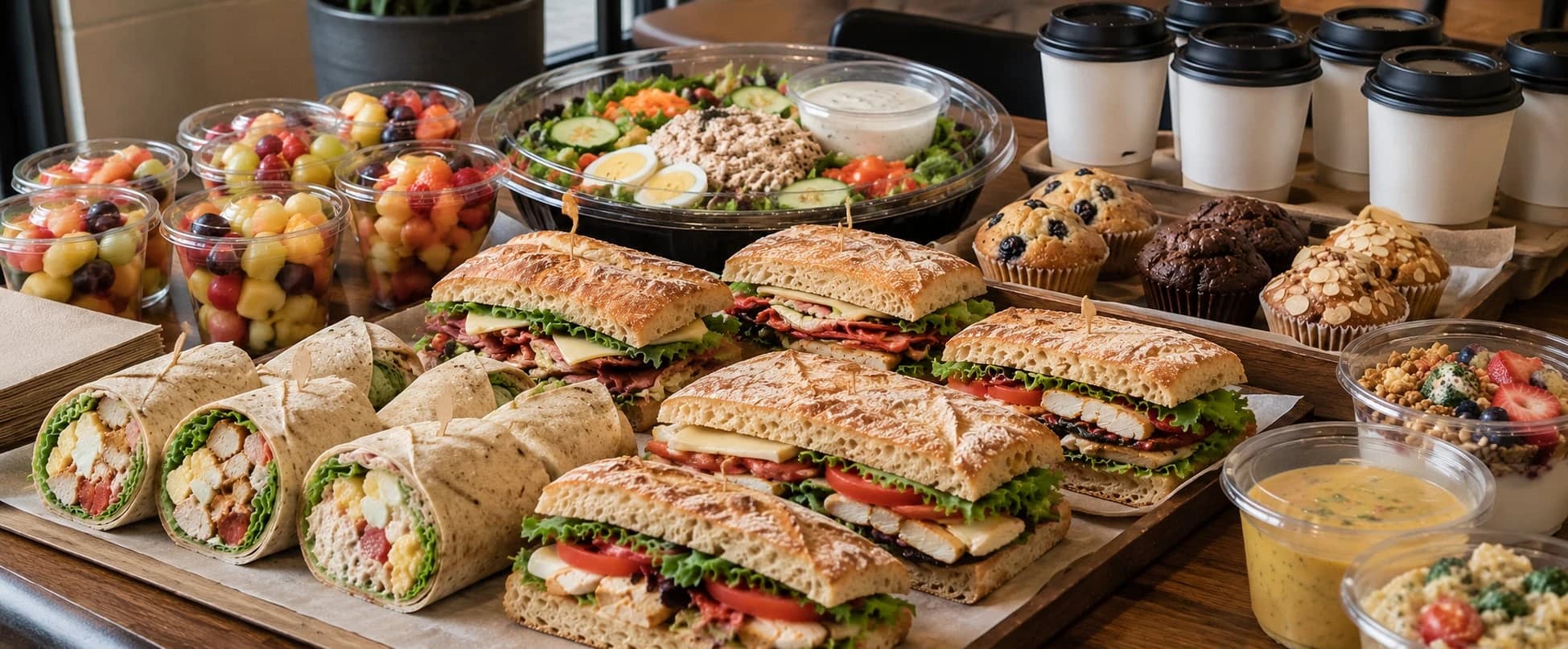 Sandwiches, wraps, salad, fruit, coffee, and muffins for custom catering