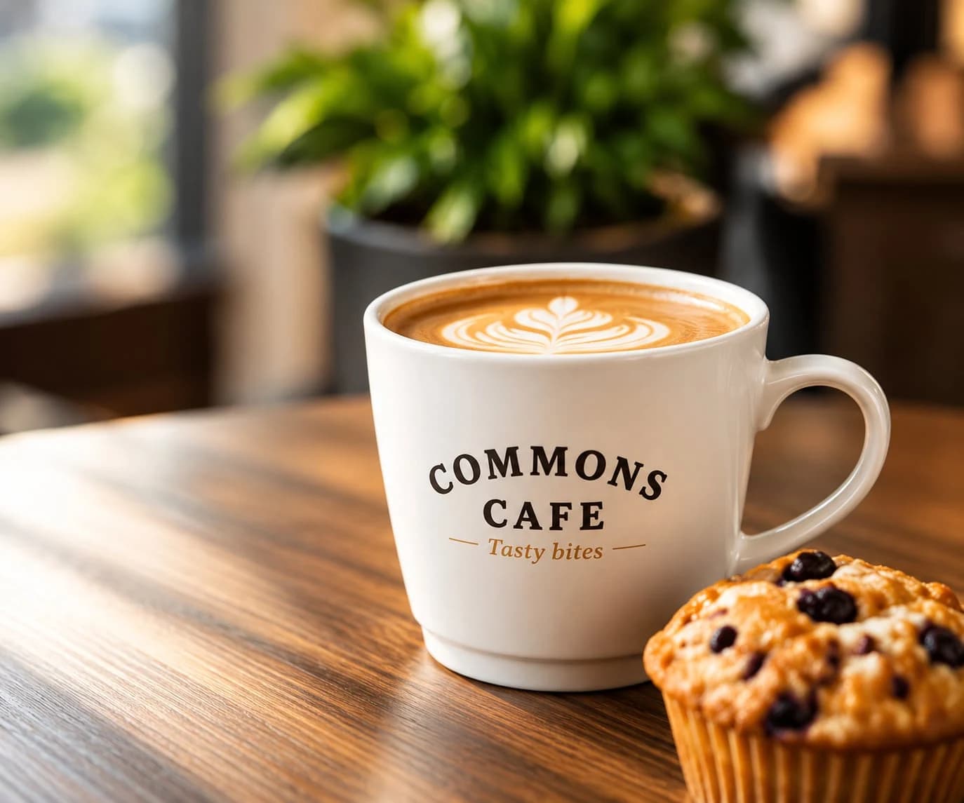 Commons Cafe latte and blueberry muffin
