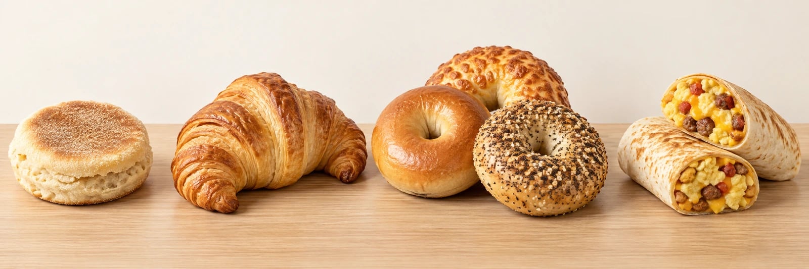 English muffin, croissant, plain, cheese and everything bagels, and a burrito